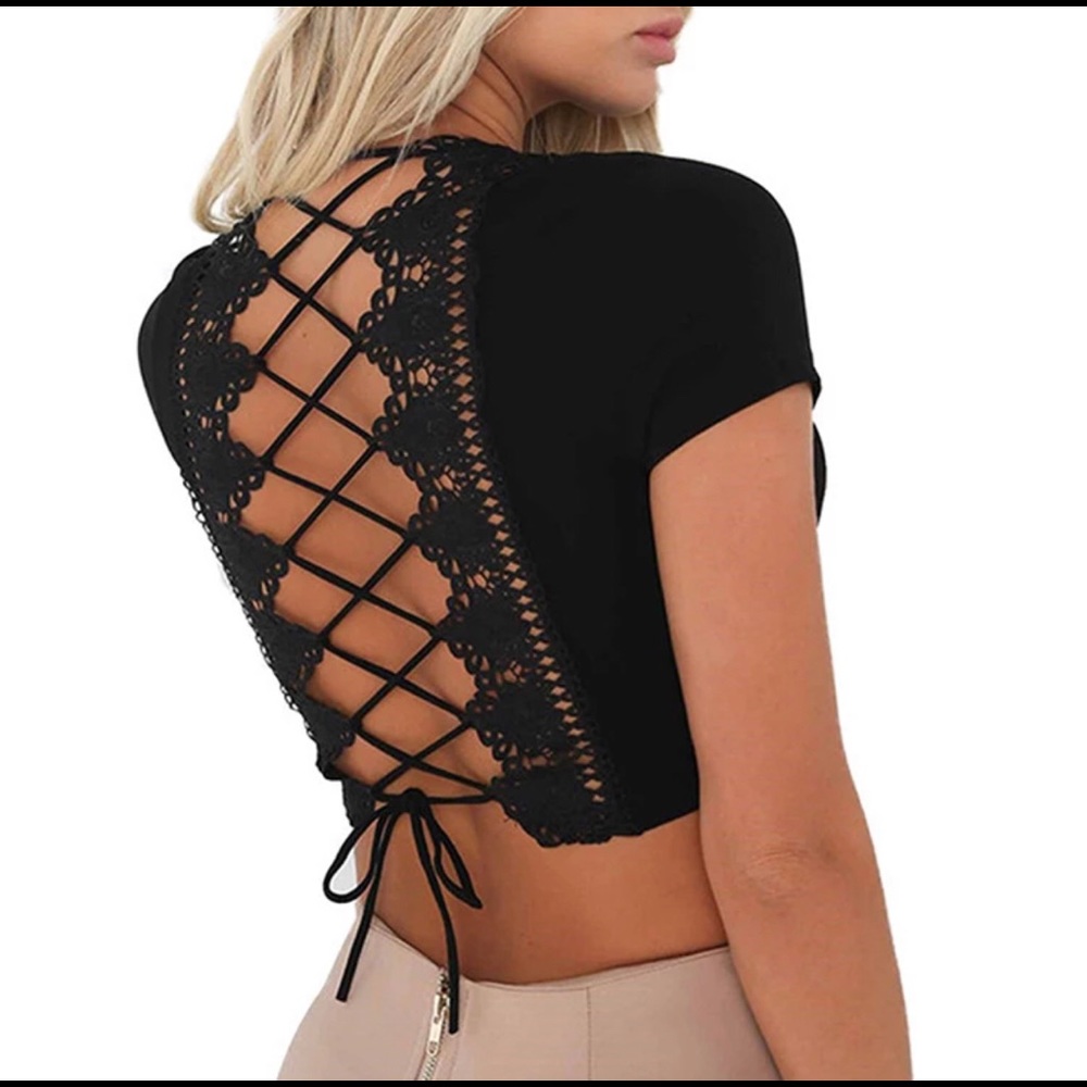 NWOT Black short sleeve crop top- lace up back - Picture 2 of 3